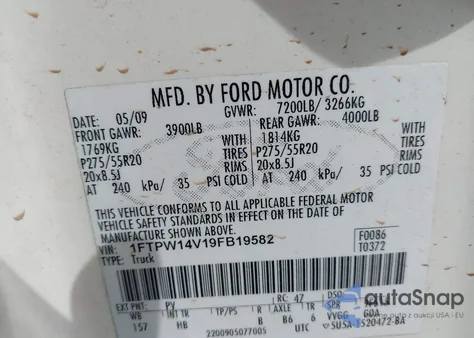 2009 Ford F-150 Fx4/King Ranch/Lariat/Platinum/Xl/Xlt from USA, damaged, VIN 1FTPW14V19FB19582